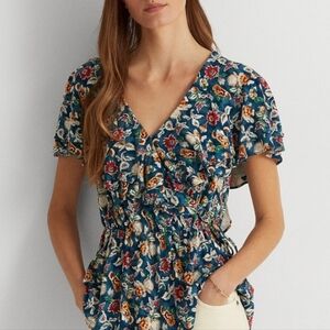 Ralph Lauren Jersey Floral Surplice V-Neck Ruffle Sleeves Girly Western Top Sz L